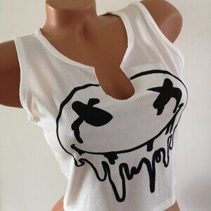 new White Black Cotton Rib Graphic Crop Top Shirt L